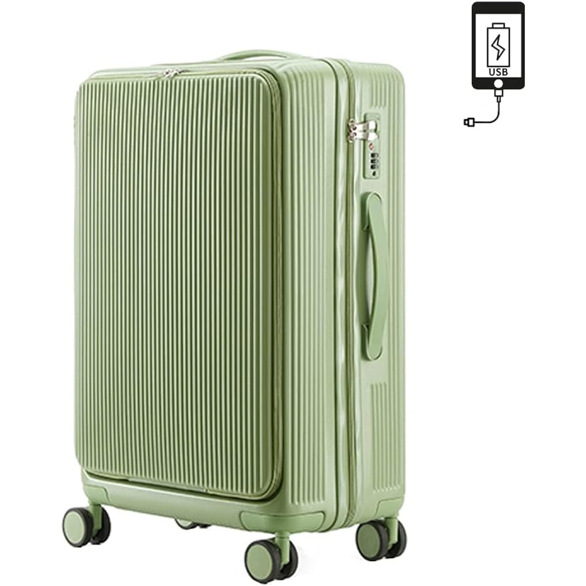 [MORGEN SKY] Suitcase Carry Case Rolling Back Front Open Front USB Port Charging Port Built-in Cup Holder Business Carry-on 1 Night 2 Nights Lightweight Large Light Quiet Double Casters Shockproof 360 Degree Rotation Travel Business Trip (Green, Small)