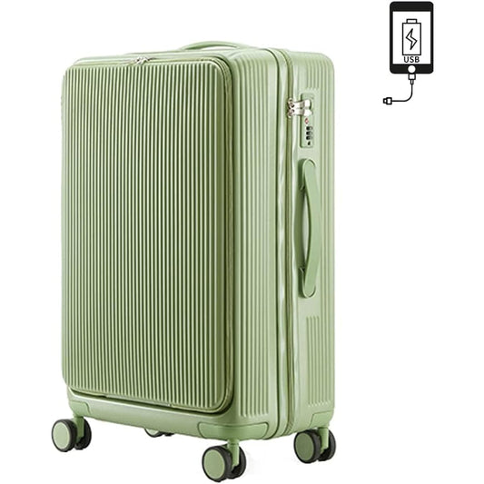 [MORGEN SKY] Suitcase Carry Case Rolling Back Front Open Front USB Port Charging Port Built-in Cup Holder Business Carry-on 1 Night 2 Nights Lightweight Large Light Quiet Double Casters Shockproof 360 Degree Rotation Travel Business Trip (Green, Small)