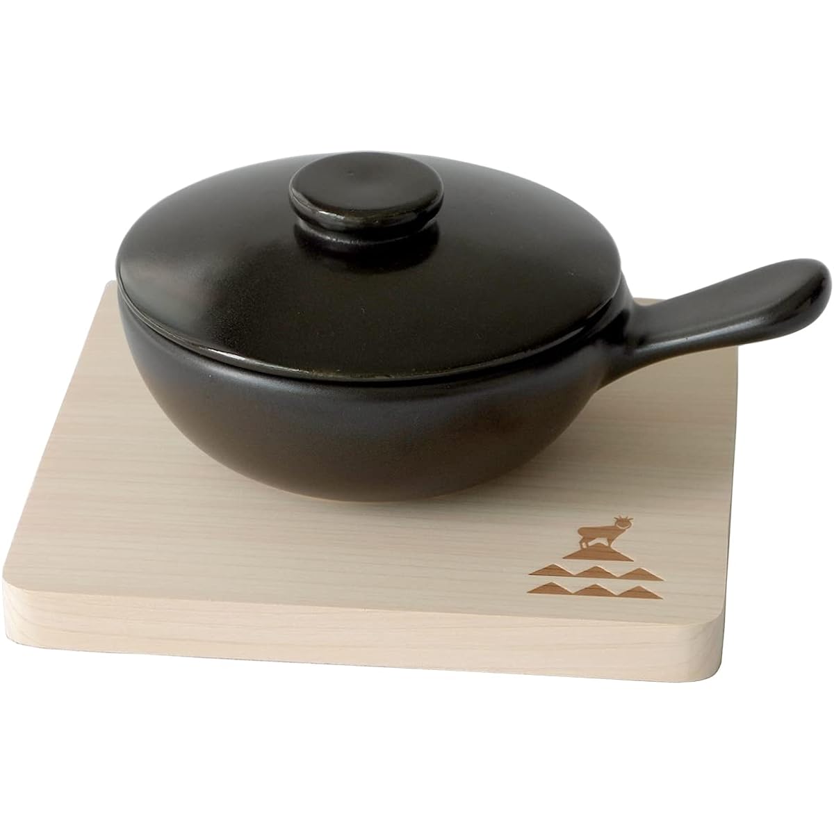 Kamoshika Tool Store Fried Egg Pot, One-handed Pot, 12cm, For 1 Person, Range, Direct Fire, Egg Baker, with Hinoki Flooring Board, Banko Ware Pottery, Made in Japan (Black)