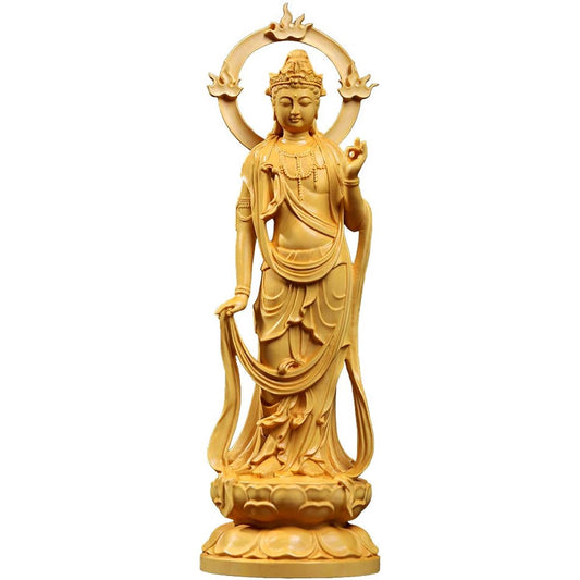 FunLo Hanro Art Sculpture Buddha Statue Buddhist Altar Statue Seishi Bodhisattva Wooden Sculpture Wood Carving Protective Principal Image Feng Shui Good Luck Tsuge Tree Handmade (Height 23cm x Width 7.6cm x Depth 5.7cm)