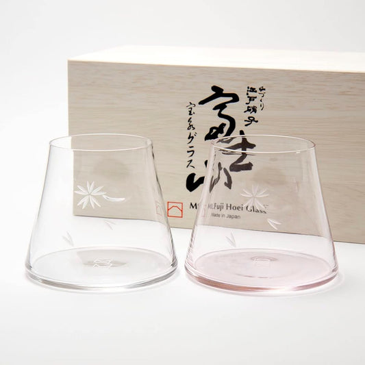 [Handmade Edo Glass] Mt. Fuji appears when you pour beer! Tajima Glass Mt. Fuji Hoei Glass Pair with wooden box Clear + Sakura color