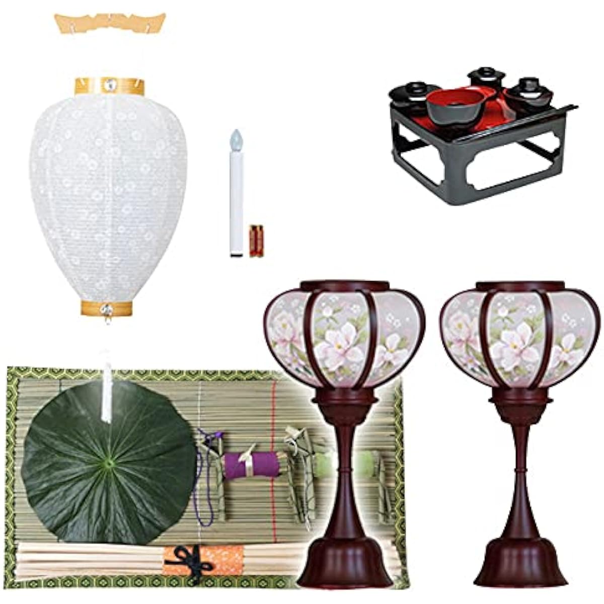 Kyoto Buddhist Altar Hayashi Bon Lantern Obon Supplies [Hatsubon Set/New Bon Set Spirit Light Faint LED Cordless + White Crest with Buddhist Table] First Bon/New Bon Obon Decoration Set [Kyoto Buddhist Altar Hayashi Cross Set]
