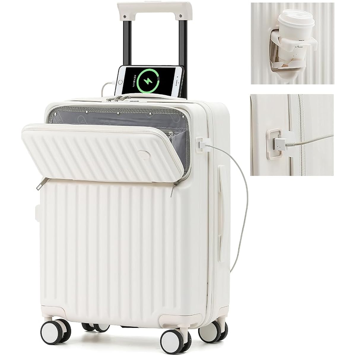 [Voxkin] Suitcase, Front-Opening Carry Case, Carry-on USB Port, Front-Opening Cover, Carry Bag, Cup Holder Included, Lightweight, Quiet, 4 Nights, 5 Days, PC+ABS Material, Ranking, Cute, Many Storage Pockets, Business Trips, School Trips, M Size, Approx.