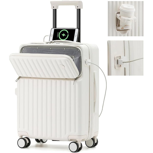 [Voxkin] Suitcase, Front-Opening Carry Case, Carry-on USB Port, Front-Opening Cover, Carry Bag, Cup Holder Included, Lightweight, Quiet, 4 Nights, 5 Days, PC+ABS Material, Ranking, Cute, Many Storage Pockets, Business Trips, School Trips, M Size, Approx.