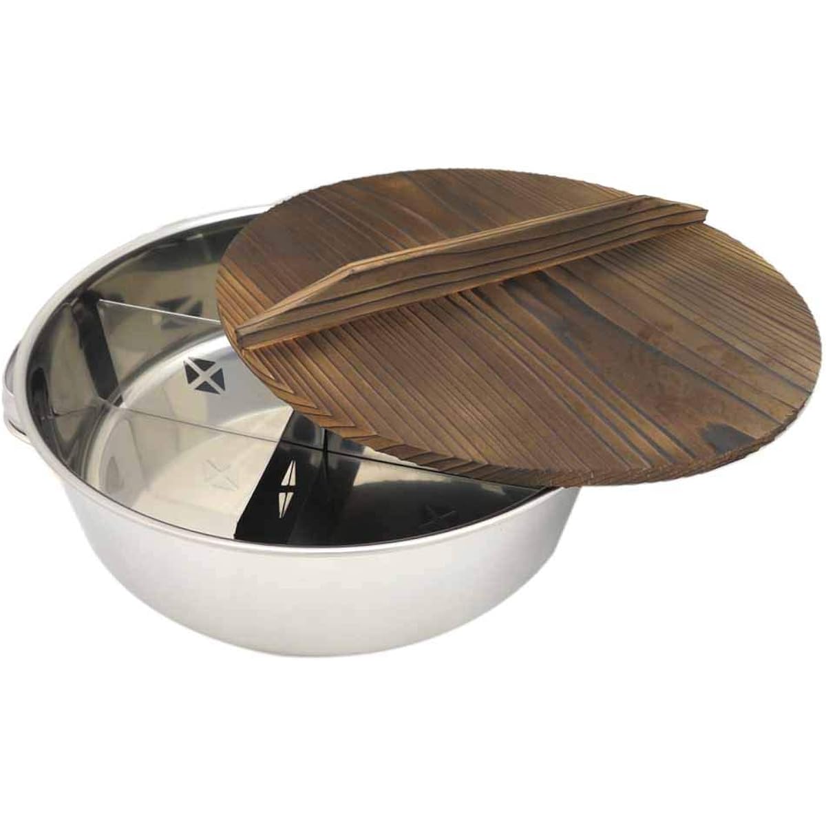 Endo Shoji Polished TKG Oden pot, round shape, with wooden lid, diameter x height (mm) 330 x 100, mass (g) 450, rust resistant and hygienic with stainless steel, convenient with partitions, commercial use EOD01 Silver