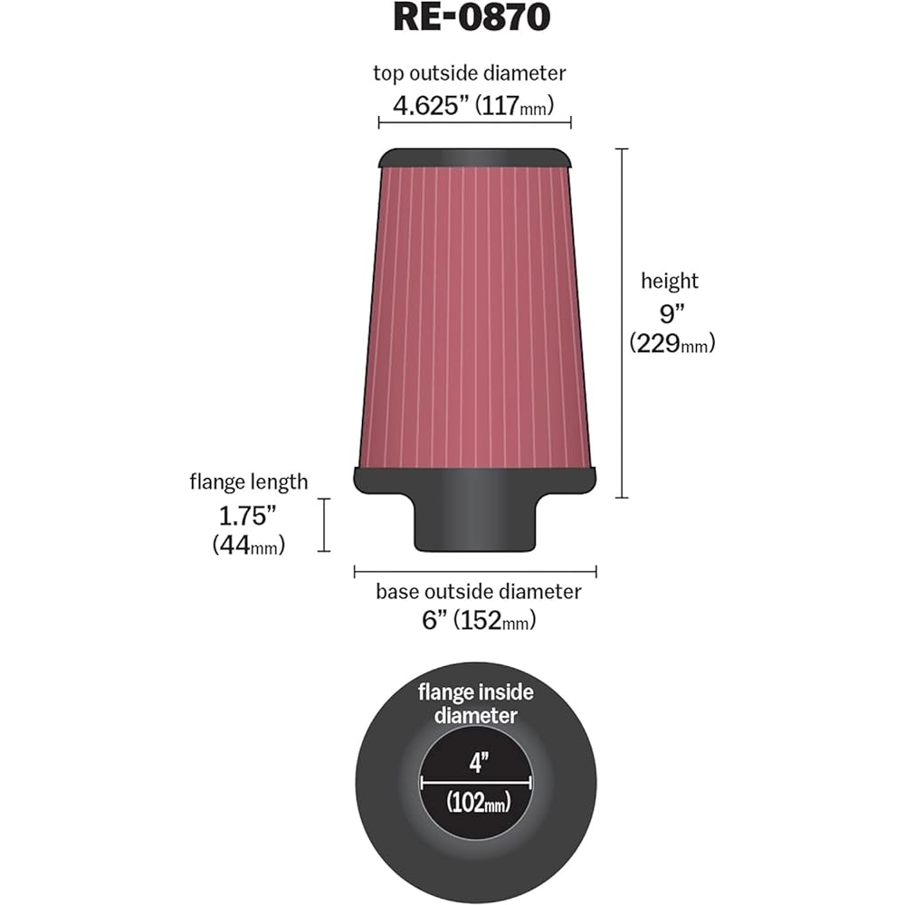 K & N Universal lamp-on air filter high performance, premium, washable, replacement filter: Flange diameter: 4 inches, 9 inches, flange length: 1.75 inches, shape: round taper, RE-0870
