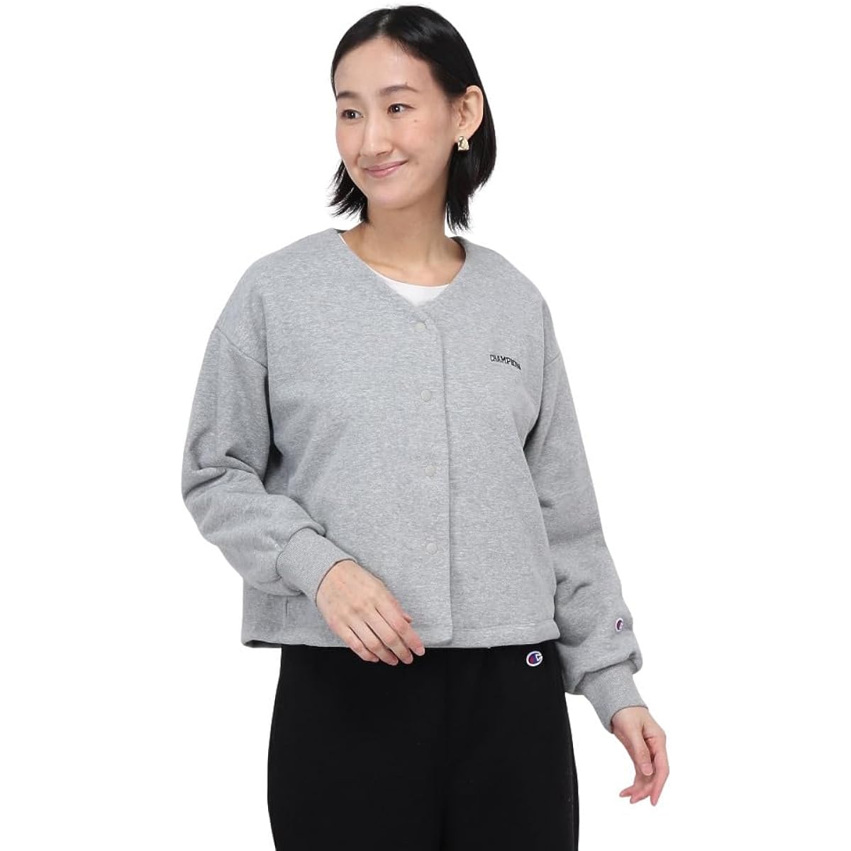 [Champion] Top, Long Sleeve, V-Neck, Fleece, Embroidery, Graphic Logo Print, Sweatshirt Snap Cardigan, Women's Casual, CW-Z003