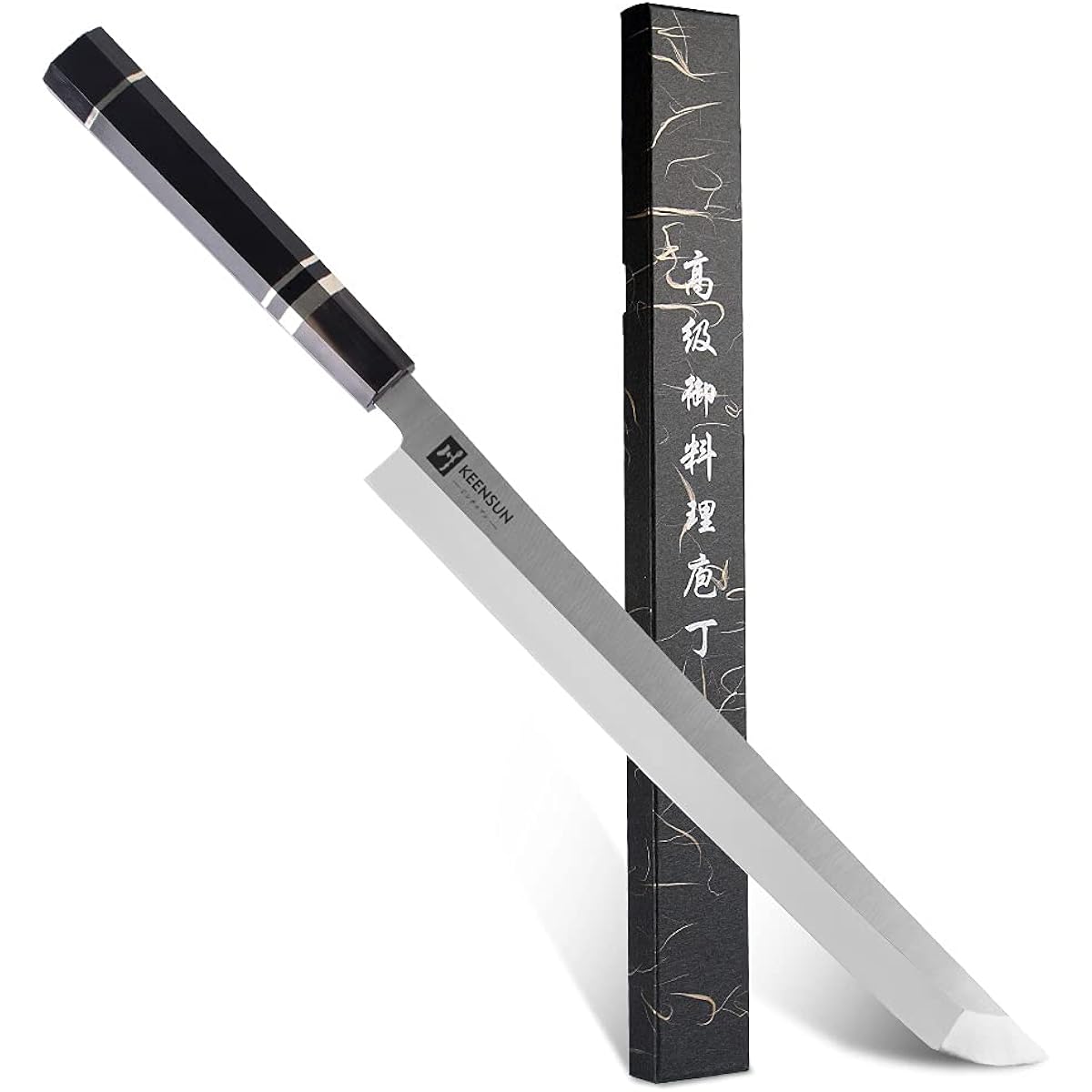 KEENSUN knife, round tip knife, blade length 270mm, stainless steel, sashimi knife, yanagiba knife, round tip takohiki knife, single edge, tool handle material is ebony and black cow horn