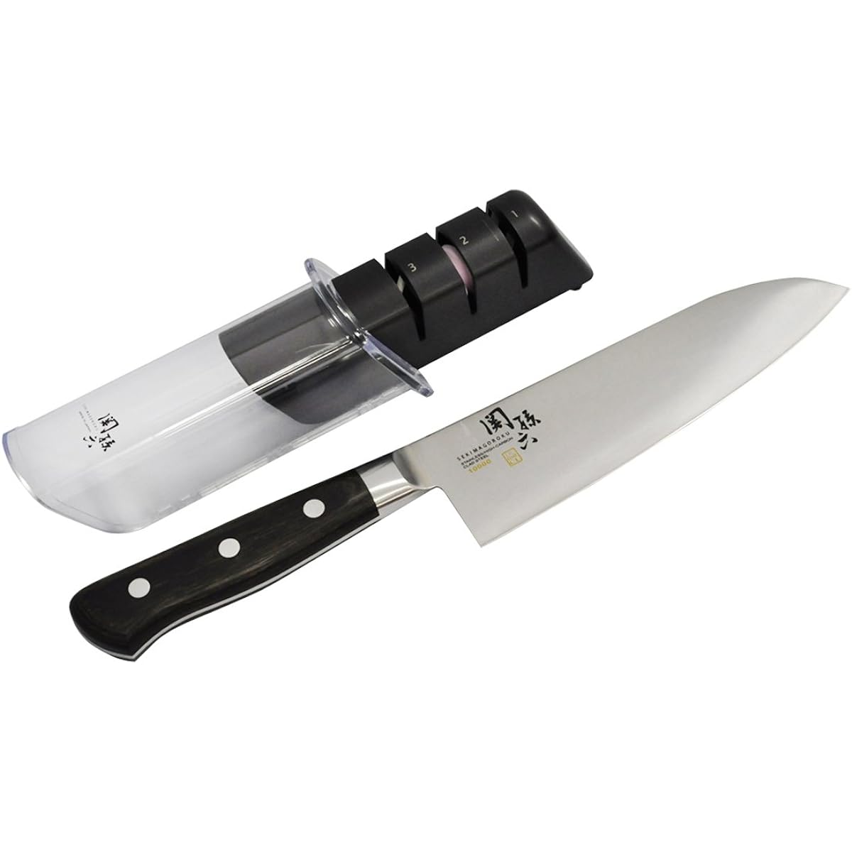 KAI KAI [Knife Diamond Sharpener Set] Seki Magoroku Santoku Knife 165mm 10000CC AE5161 & Diamond & Ceramic Sharpener Made in Japan