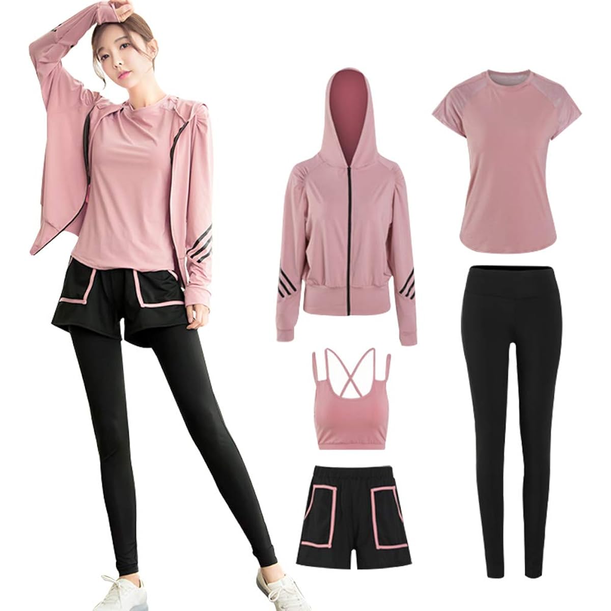 [Sure Now] Women's Yoga Wear, Sportswear, 5-Piece Set, Stretchy, Sweat Absorbent, Quick Drying, Training, Running, Fitness Wear, Padded, Spring, Summer, Autumn, Winter