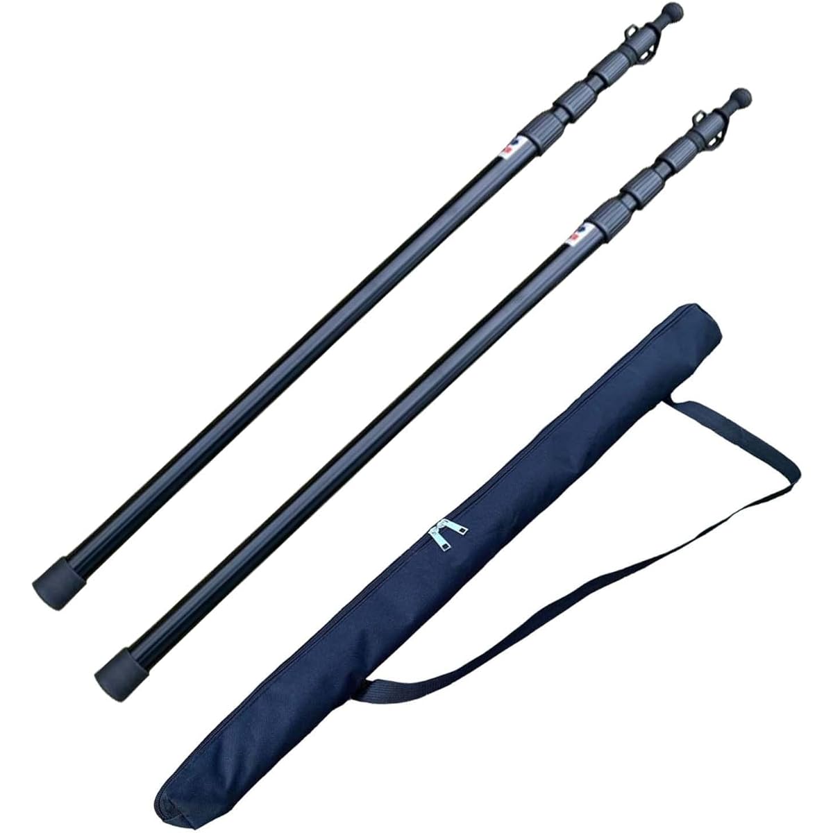 Set of 2 tent poles, tarp poles, aluminum, extendable up to 230cm, 4-level height adjustment, new type, telescopic type, sliding type, compact, with lightning protection cap, storage included