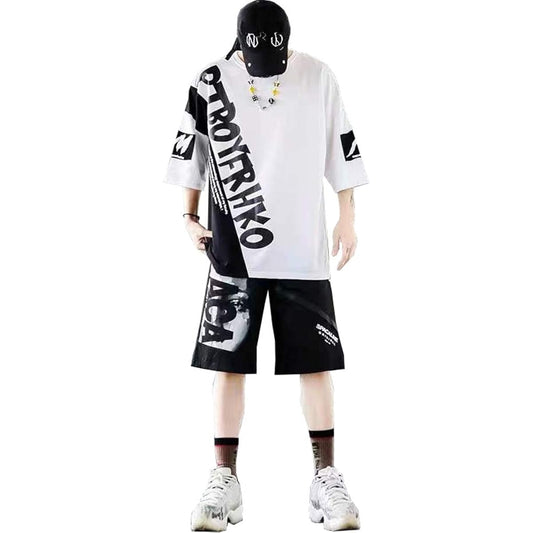 [D.IIZOO] Loose Big Silhouette Setup, Men's, Large Size, Top and Bottom Set, Short Sleeve Shirt, Half Pants, Jersey Set, Loungewear, B Series, Street Mode Series