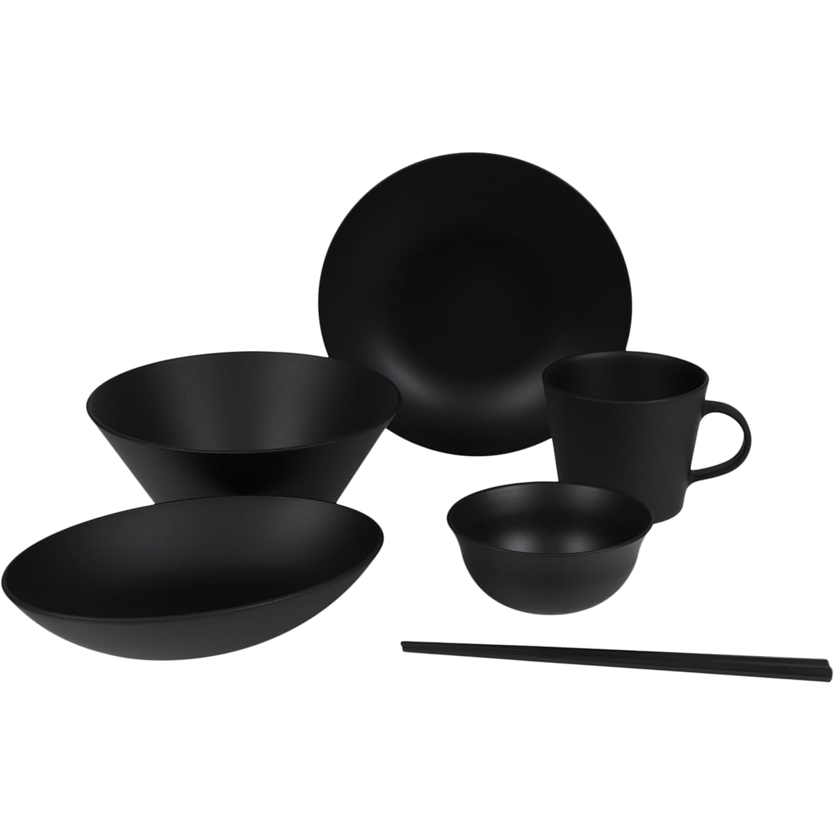 rebirth Natural Series Tableware Set, 6 Pieces, Complete Set, Made in Japan, Plastic, Living Alone, Light, Break-resistant, Dishwasher Safe, Microwave Safe (Black)