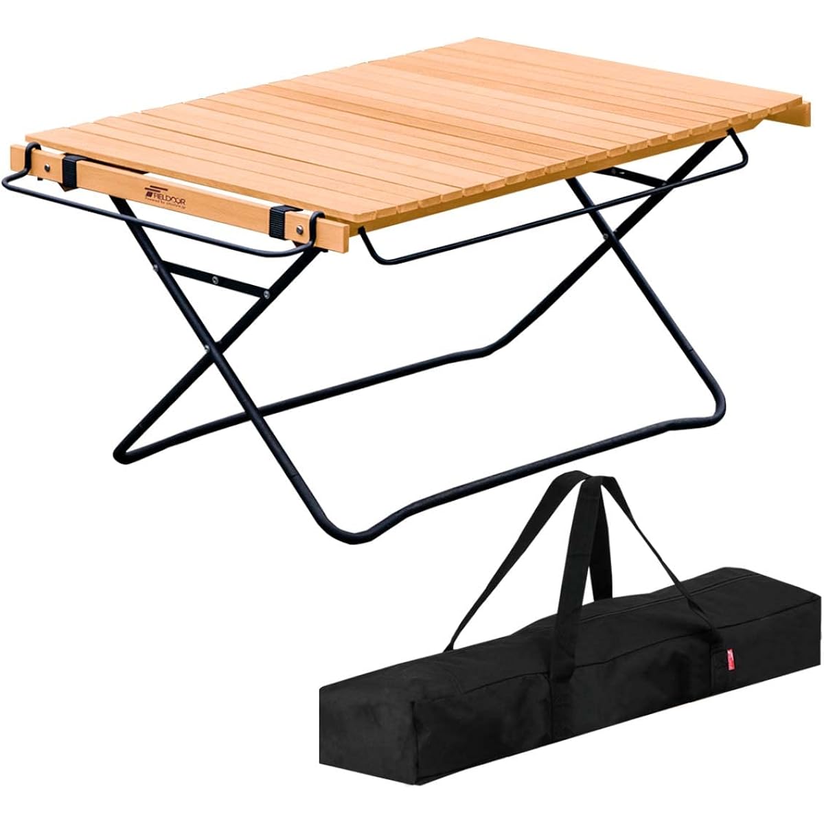 FIELDOOR Camping Table Wood Roll Steel Legs Folding Table [Natural] Low Table Outdoor Natural Wood Equipped with a convenient iron hanger Steel legs Easy assembly Compact Storage bag included Width 90cm x Depth 60cm x Height 45cm