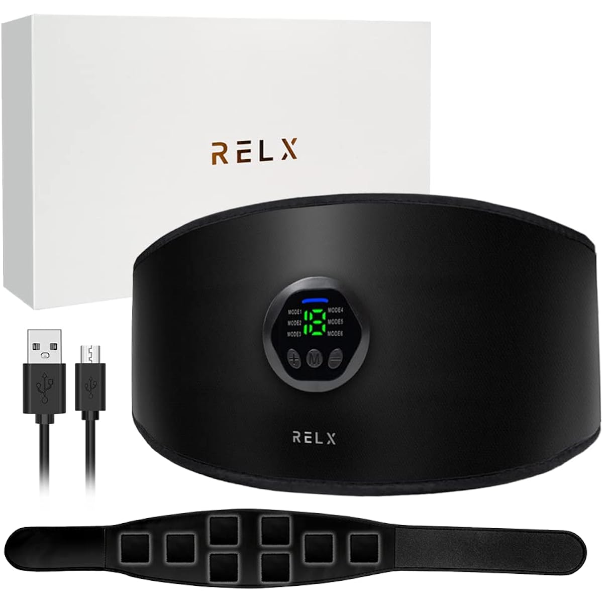 (No Gel Sheet Required) RELX EMS Belt Abdominal Belt (Domestic Manufacturer) 8 Electrode Pads 6 Types of Modes 18 Levels of Intensity Abdominal Muscle Machine Training USB Rechargeable Easy Operation Unisex Mother's Day Gift Present