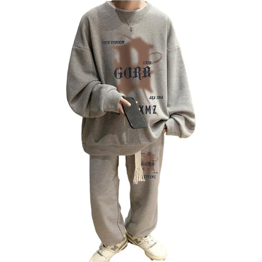 [Froyland] Men's Sweatshirt Top and Bottom Set, Jersey, Large Size, Autumn, Casual, Loungewear, Sports, Autumn Clothing, Top and Bottom, Loose, Sweatshirt, Pants, Long Pants, 2 Pieces, Light Gray, M Size