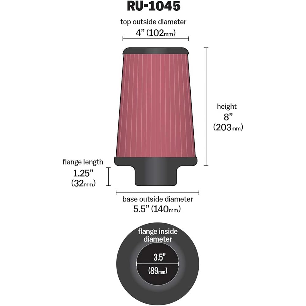 K & N Universal Clamp on Air Filter: High performance, premium, washing, replacement filter: Flange diameter: 3.5 inches, 8 inches, flange length: 1.25 inches, shape: circular taper, RU-1045