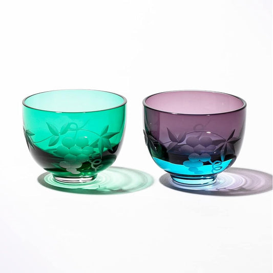 [Taimuro Kobo Official] Edo Kiriko Grape Crest Glass Cup Pair (Green/Edo Purple) TB30009/35009 Presentation Box Made in Japan