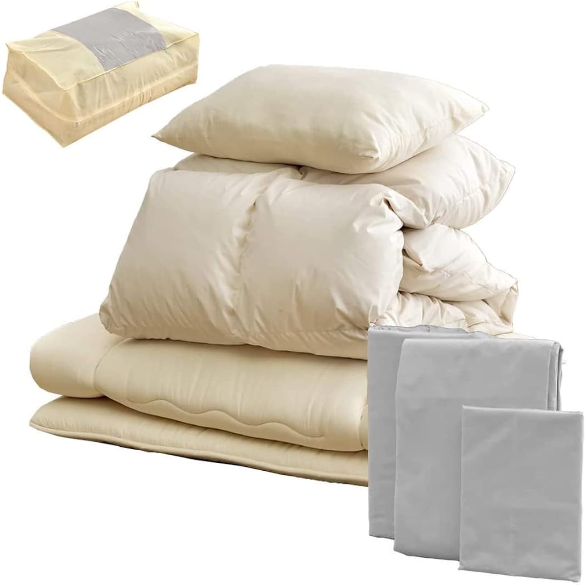 Tansu no Gen Futon Set, 7 Pieces, Single, Feather, Luxury 30%, Ultra Light, Micro Small Feather, Futon Set, Firm Cotton, 3-Layer Futon, Cover Included, Brown, 21800023 (84567)