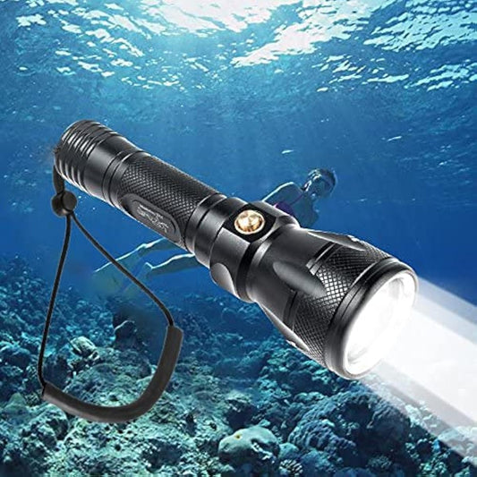 ShinePick Diving Light, LED Underwater Flashlight, Underwater Light, L2 LED, Compatible with 18650 batteries (sold separately), 1200LM, Amphibious, Lightweight, IPX8 Strong Waterproof, Can be used at a depth of 100M, 3-level dimming, Suitable for crime p