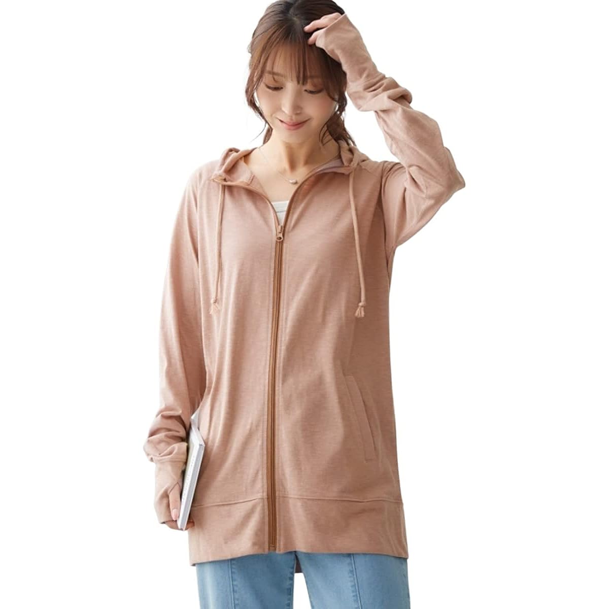 [Nissen] Parka [Sweat-absorbent, quick-drying, UV protection] Slab jersey long zip hoodie with finger holes