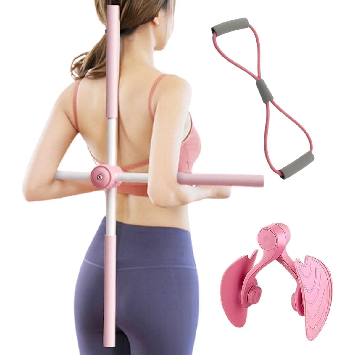 [YnoJapan] [3-piece set] Adductor muscle training, posture correction stick, 8-shaped high elastic tube set, pelvic floor muscle, back thigh muscle training, beautiful butt, slimming legs, shoulder blade stretch, back lengthening, fitness diet equipment