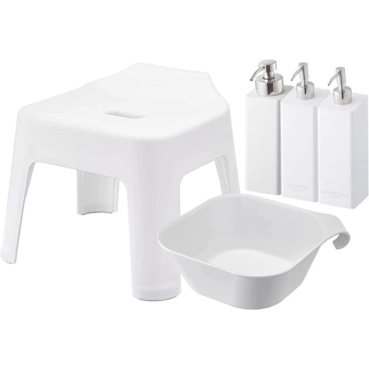 Yamazaki Jitsugyo Hanging Bath Chair, Seat Height 25cm + Magnet & Hanging Bathtub + Magnetic Dispenser Bottle Set of 3 Foam Type & Normal Type [Set of 5] Tower White 5383 5378 5210 4258 4260