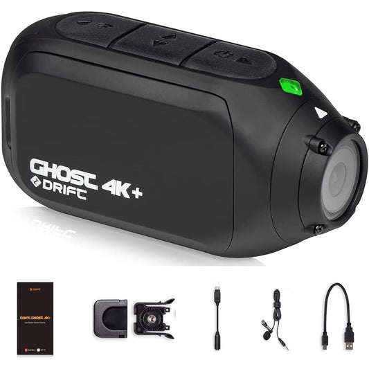 Drift Ghost 4K+ action camera, 6-axis image stabilization, external microphone, WIFI installed, 140 degree wide angle, IPX4 camera waterproof, underwater camera 30M waterproof (case required), bike action camera, helmet camera, abundant accessories