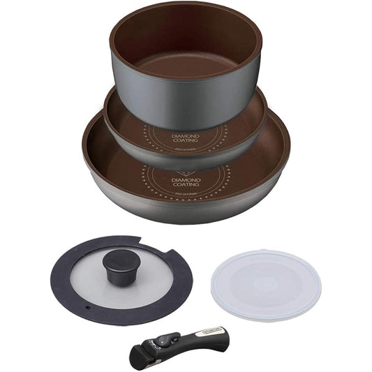 Iris Ohyama Frying Pan Set, Compatible with IH & Gas Fires, 6-Piece Single Living Set, Diamond Coat, Diamond Coat Pan, Silver, Removable Handle, Lightweight, Non-stick, Easy to Clean H-IS-SE6