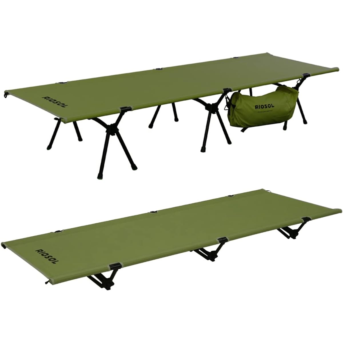 RIOSOL 2way High & Low Cot Outdoor Lightweight Bed Bench with Storage Bag Load Capacity 150kg Olive
