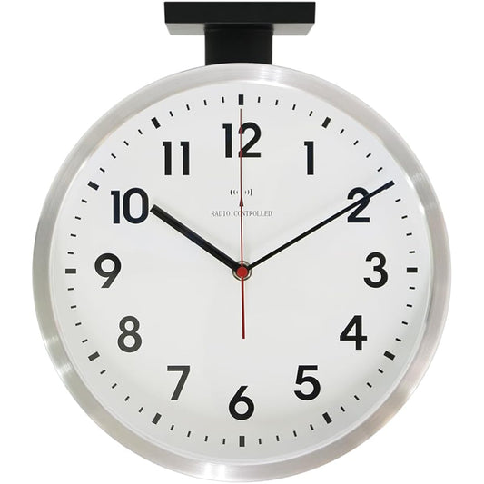 BESTIME RC296B Double-Sided Wall Clock Wall Clock Radio Clock Silver Aluminum White Dial Height 32 x Width 28 x 10 cm Radio Movement Equipped with High Amplification Antenna Kitchen Living Room Entrance Bedroom Living Room Study Library Office.