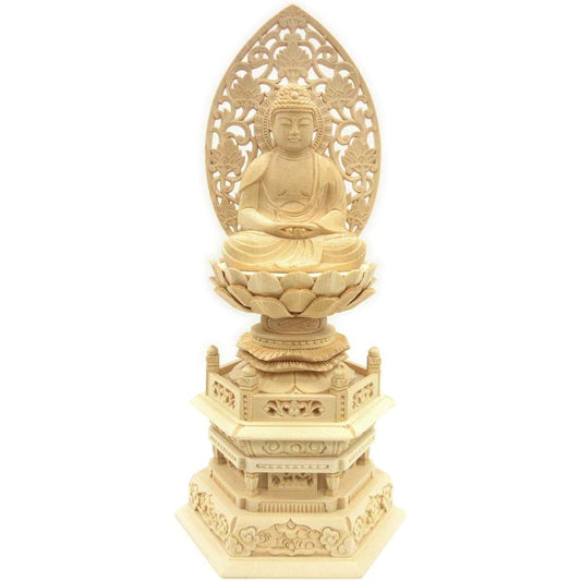 Kurita's special Buddha statue [Tathagata] Amida Nyorai seated statue 2.5 dimensions (total height 29 cm, width 13.5 cm, depth 10 cm) Grass halo Hexagonal stand High quality wood carving made of Japanese cypress 605