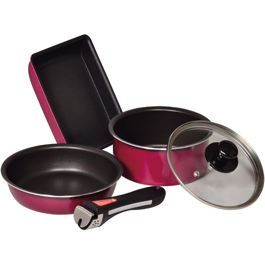 Pearl Metal Frying Pan 5 Piece Set Red IH Compatible Fluorine Processed Cookware Compact Claire HB-1369