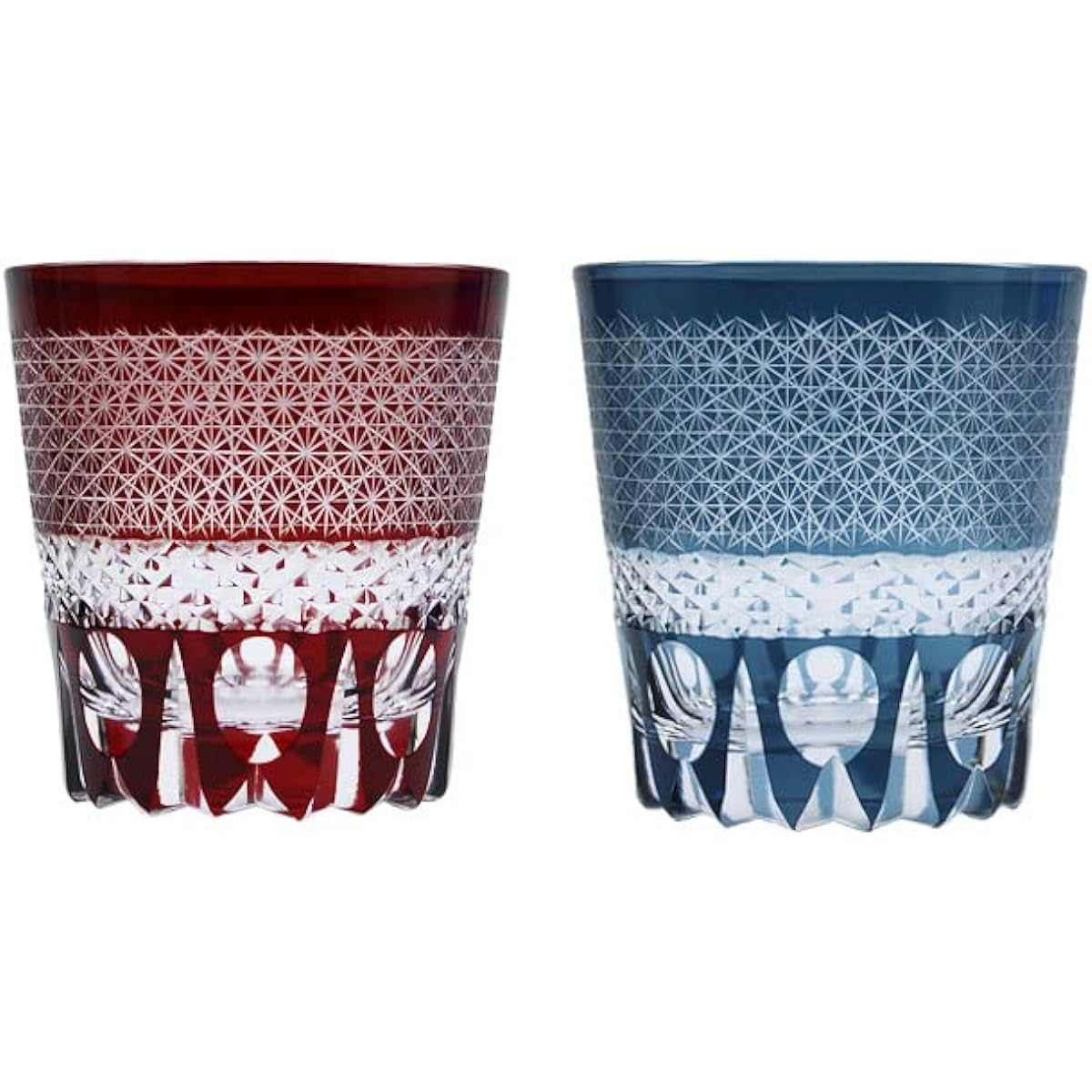 Kiriko Kiriko Pair Kiriko Glass Kiriko Rocks Glass Cold Sake, Shochu, Mixed with Water, Mixed with Hot Water, Celebration, Birthday, Sixtieth Birthday, Present, Gift, Kiriko Ring (Marine & Red)