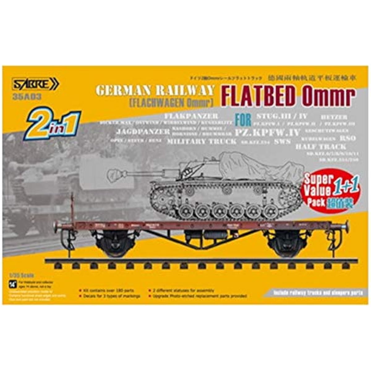 Saber Model 1/35 German Flat Freight Car Ommt (2in1) Super Value Pack w/Railway (Upgraded Version) Plastic Model 35A03-SVP