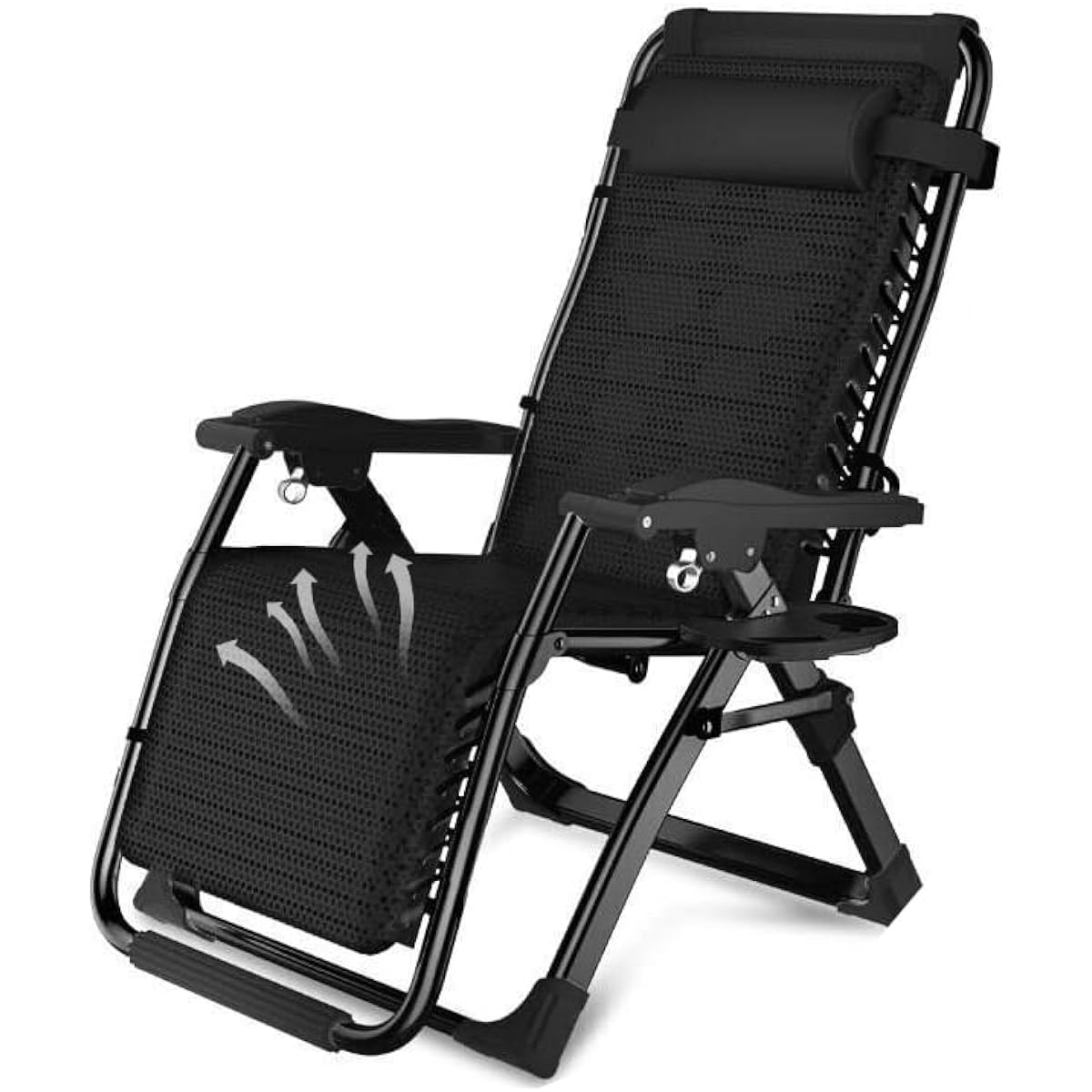 Reclining chair, foldable, load capacity 200kg, angle adjustment, with joint cup holder, pillow included, comfortable to sleep on, stable, quiet, compact folding bed, breathable, for naps, gardens, sleeping in the car, sunbathing, disaster prevention and