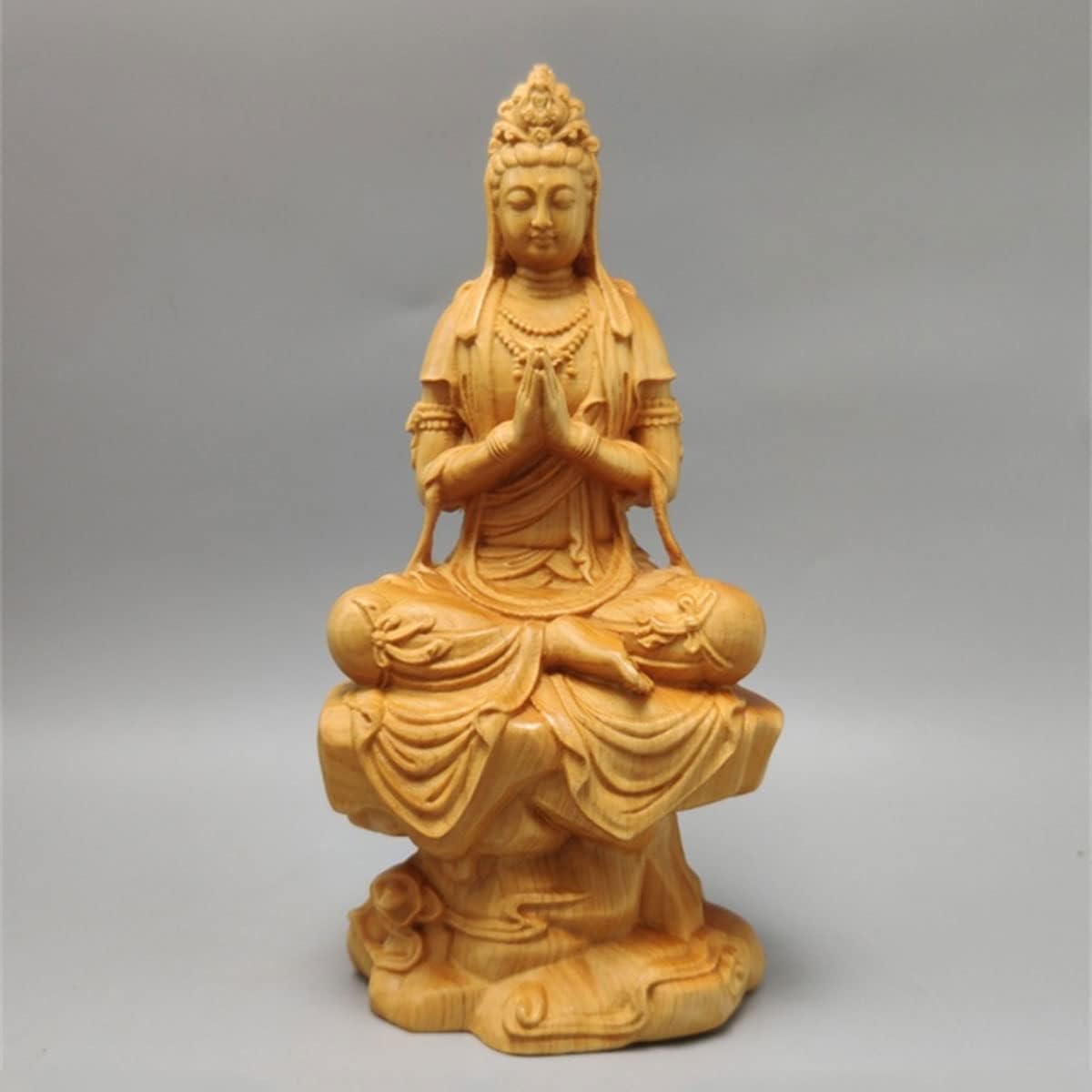 Buddha Statue, Wood Carving, Kannon Bodhisattva Statue, Wood Carving Kannon Bodhisattva Statue, Natural Cliff Oak Wooden Carving, Artwork, Kannon Statue, Feng Shui, Good Luck, Pray, Ward Off Evil (Height 15cm x Width 8cm x Depth 5.5cm)