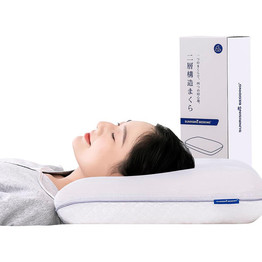 Memory foam pillow, high, firm and soft dual-layer pillow, hotel pillow, large, pillow that won't hurt your neck, side sleeping pillow, easy to turn over, 2-way cover, width 62cm x depth 43cm x height 12cm Sunrising Bedding