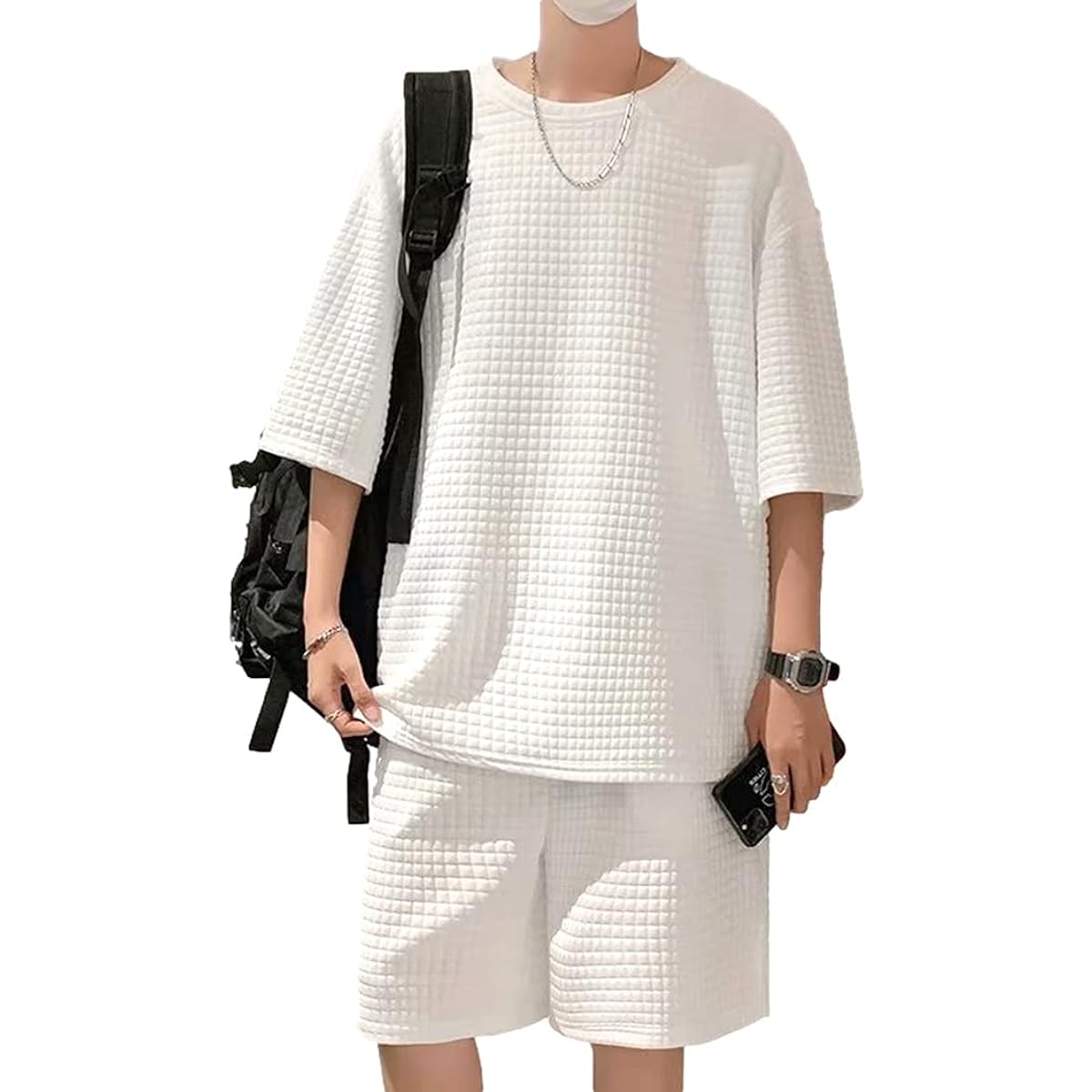 [Witpa] Room Wear Waffle Top and Bottom Set, Loose, Soft, Cool, Half Sleeves, Short Pants, Men's