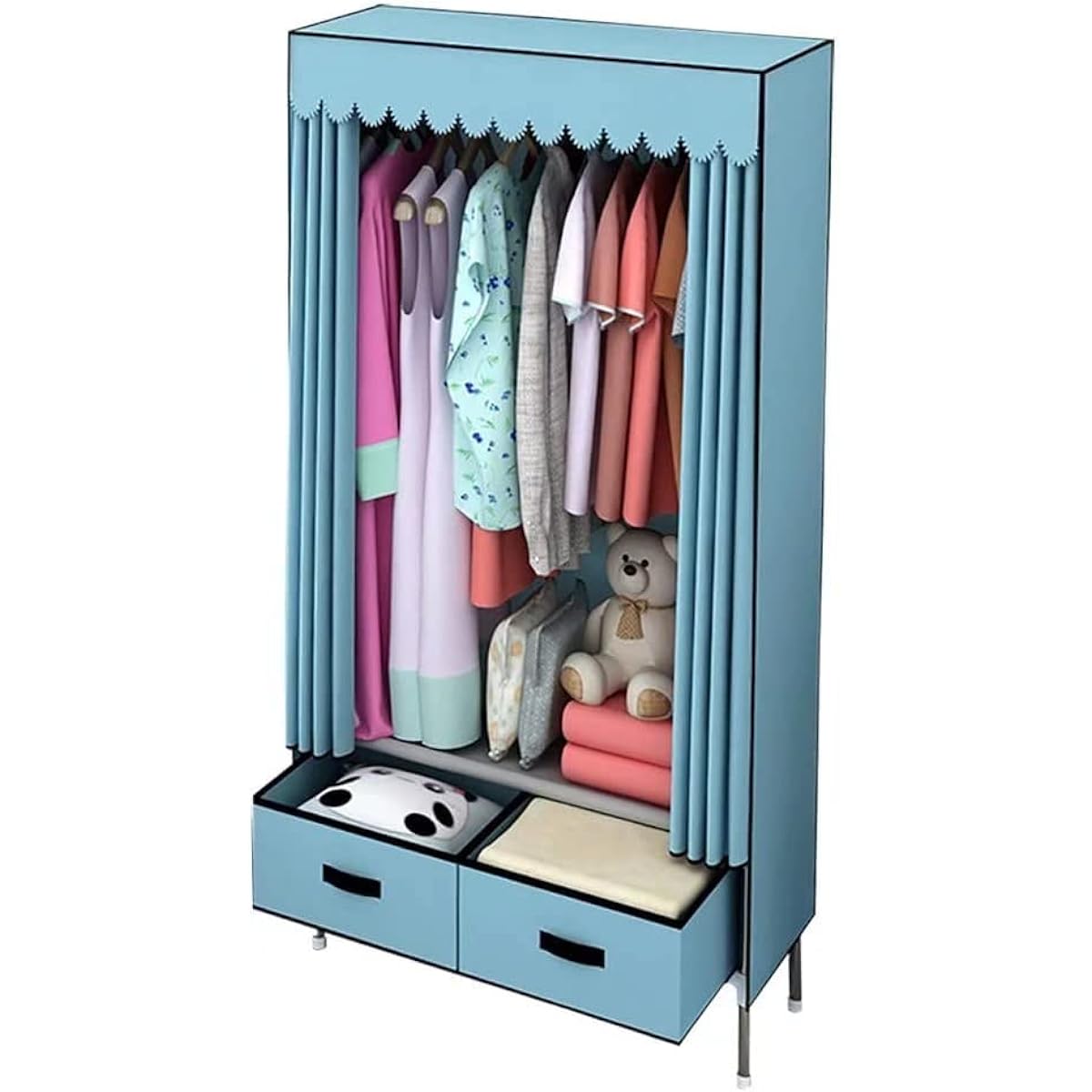 SUKIZUKI Wardrobe Large Capacity Hanger Rack Simple Clothes Storage Rack Closet Clothes Storage Wide Hanger with 2 Drawers Waterproof Dustproof Stain Resistant Width 70 x Depth 45 x Height 168cm Blue