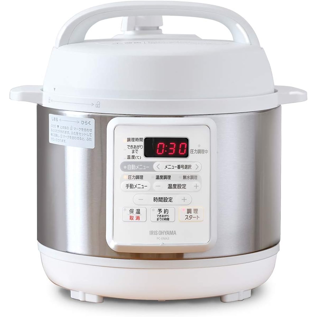 Iris Ohyama Electric Pressure Cooker, 3L, Can Cook at Low Temperatures, Includes Reservation Function, Can Make Cakes, Comes with Manufacturer's Warranty, Equipped with 12 Automatic Menus, White PC-EMA3-W