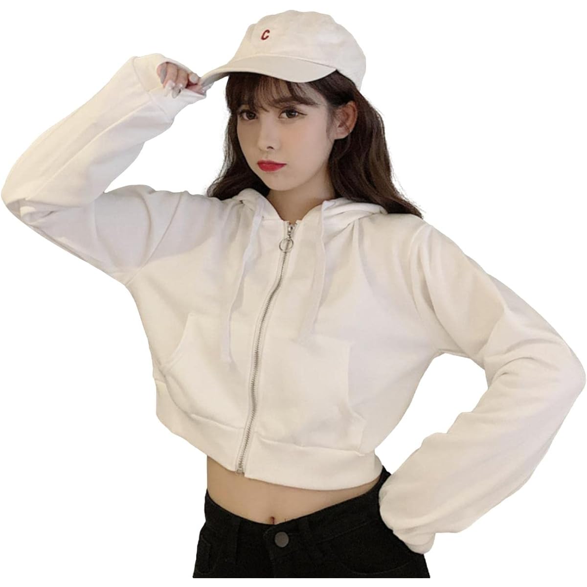 [FARFADET] Hoodie Zip Up Short Length Women's Long Sleeve Sweatshirt Dance Tops Zipper Hood Included