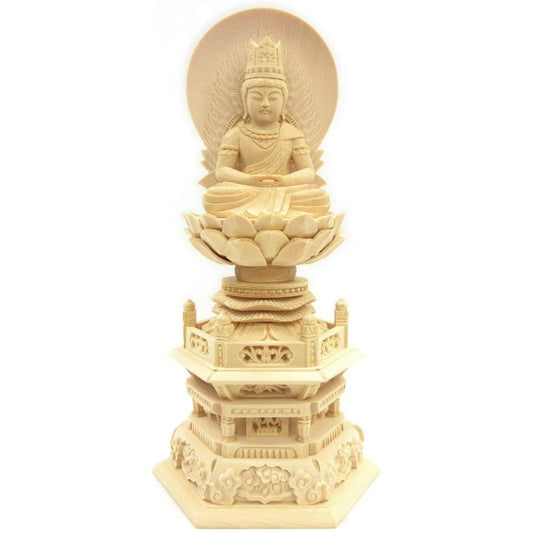 Kurita Specialty Buddha Statue [Tathagata] (Womb World) Dainichi Nyorai Seated Statue 2.0 dimensions (Total Height 23cm, Width 11.5cm, Depth 8.5cm) High quality wood carving made of Japanese cypress, Sunlight back hexagonal stand 5685