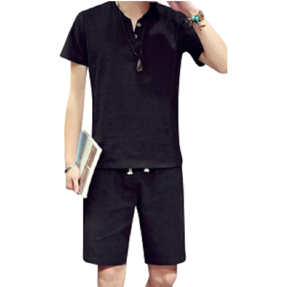 [α-HOOP] Men's T-shirt, short sleeve top, half shorts, top and bottom set up, plain pattern, loungewear PP-33