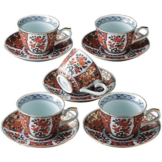 Stylish coffee cup: Arita ware gold brocade finest old Imari coffee bowl and plate set Japanese Cup and Saucer x5pcs set Porcelain/Size(cm) Cup, 12x9x6.5, Saucer, Φ15x2.5/No:363699