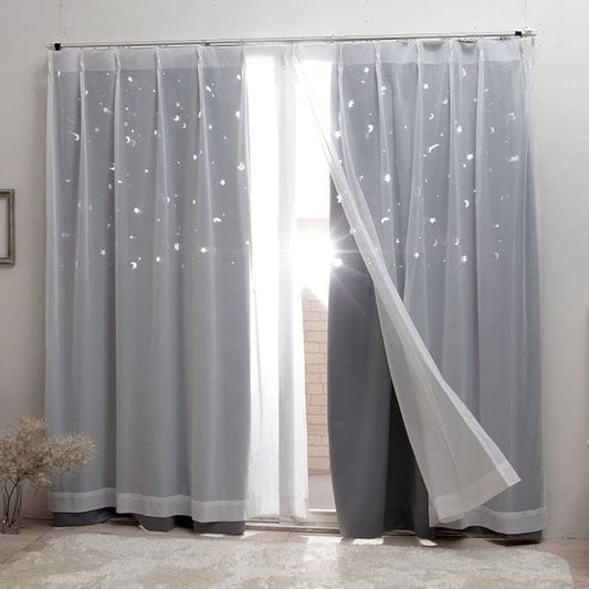 BELLUNA Princess Curtain Star Pattern Watermark Carving Set of 4 Blackout Class 2 Pattern Curtain Stylish Ruffle Curtain Cute Lace Pattern Curtain Stylish Set of 4 Double Drapes Blackout Class 2