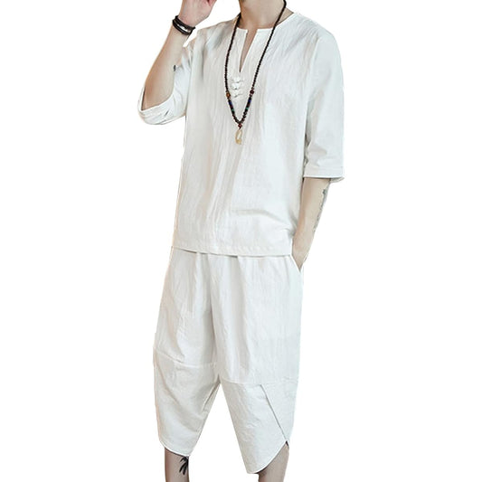 [JIAYBL] Men's T-shirt, Plain Top and Bottom Setup, Tops, Half Shorts, Loungewear, Large Size, Spring/Summer