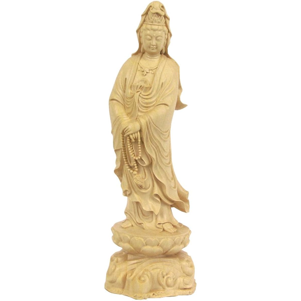 Kurita's special Buddha statue [Bodhisattva] Standing statue of St. Kannon Bodhisattva (total height 23 cm, width 8 cm, depth 7.5 cm) High-quality wood carving made of water boxwood, lotus stand on the wave 8121