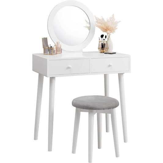 Hagihara Dresser Vanity Actress Mirror Simple 2 Drawers Makeup Table Scandinavian Style Width 72.5 Depth 47 Height 45 Round Mirror White MD-6578WH