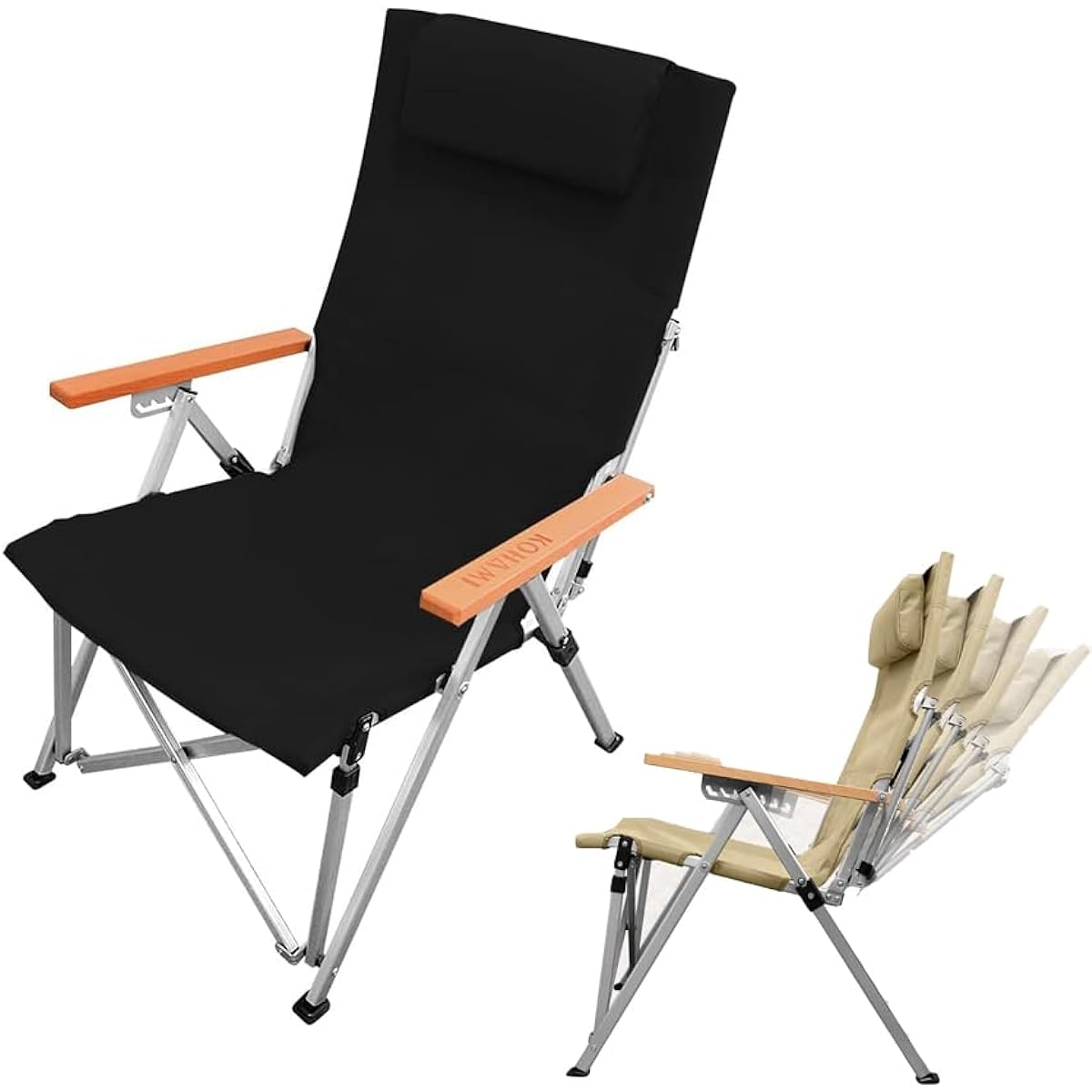 KOHAMI Outdoor Chair Deck Chair Folding 4-Stage Reclining Pillow Back Pocket Lightweight (Black)